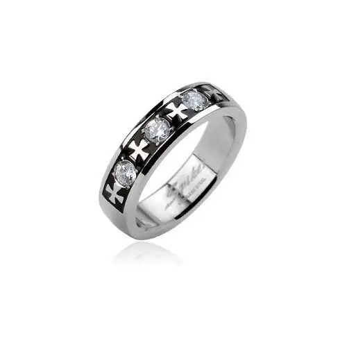 Stalowy pierścionek - trzy cyrkonie i krzyże - rozmiar: 58 Biżuteria e-shop