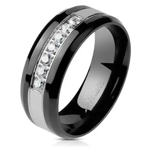Biżuteria e-shop Stalowy pierścionek w kolorze czarno-srebrnym - przezroczysty cyrkoniowy pasek, 8 mm - rozmiar: 62