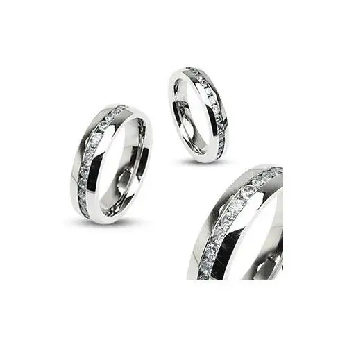 Stalowy pierścionek w kolorze srebrnym, linia środkowa z bezbarwnych cyrkonii - rozmiar: 57 Biżuteria e-shop