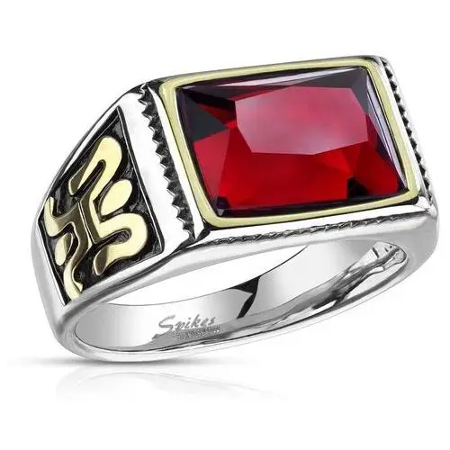 Biżuteria e-shop Stalowy pierścionek w kolorze srebrnym z czerwonym kryształem - ornament z boku, czarna emalia, 13 mm - rozmiar: 69