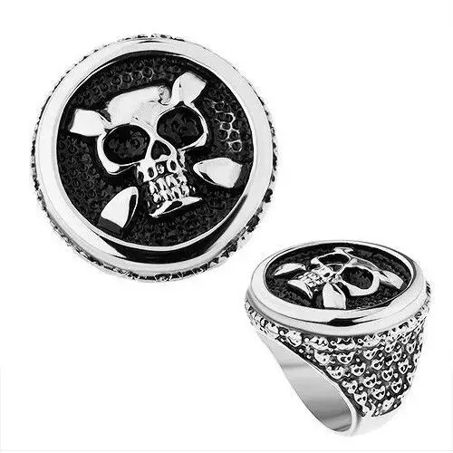 Stalowy pierścionek w srebrnym odcieniu, koło, patynowana czaszka, serca, kropki - Rozmiar: 59, Z39.15