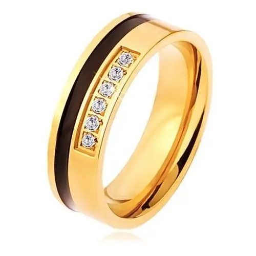 Biżuteria e-shop Stalowy pierścionek w złotym i czarnym kolorze, ozdobny pas przezroczystych cyrkonii - rozmiar: 54