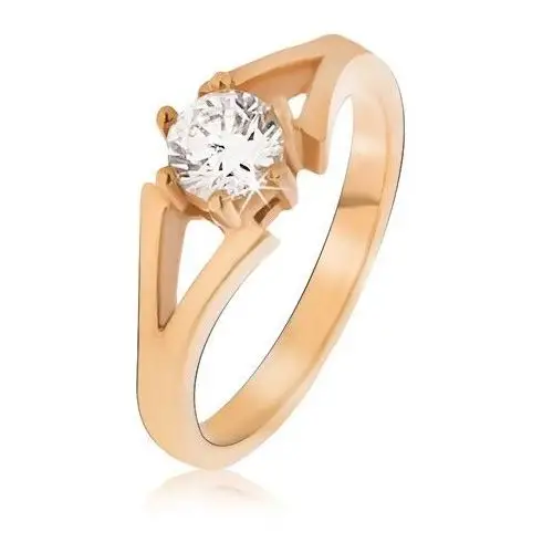 Biżuteria e-shop Stalowy pierścionek w złotym kolorze, rozdwojone ramiona, kamyczek - rozmiar: 52