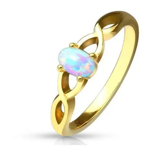 Biżuteria e-shop Stalowy pierścionek w złotym kolorze - syntetyczny opal z tęczowymi refleksami, splecione ramiona - rozmiar: 54