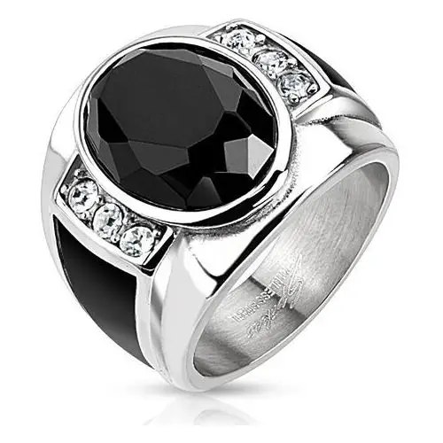 Stalowy pierścionek z czarnym oszlifowanym owalem, przezroczystymi cyrkoniami i czarnymi paskami - Rozmiar: 59, kolor czarny