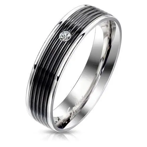Biżuteria e-shop Stalowy pierścionek z czarnym paskiem - okrągła cyrkonia bezbarwnego koloru, błyszczące pasy brzegowe, 6 mm - rozmiar: 59