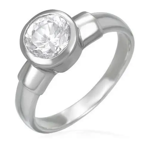 Stalowy pierścionek z dużym cyrkoniowym oczkiem w metalowej oprawie - Rozmiar: 55, kolor szary
