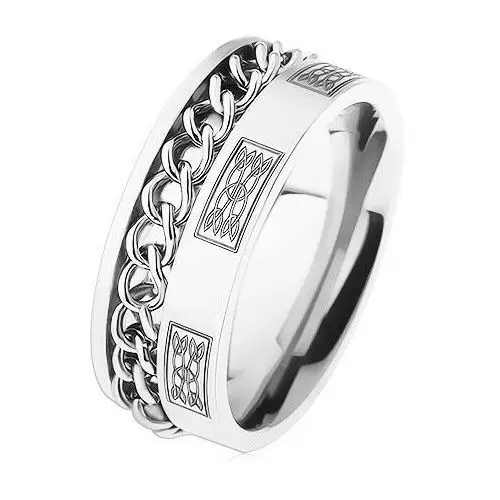 Stalowy pierścionek z łańcuszkiem, srebrny kolor, ornamenty - Rozmiar: 57