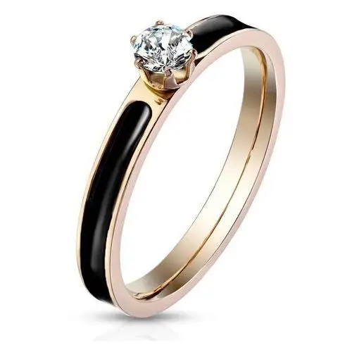 Stalowy pierścionek z pasem z czarnej emalii - okrągła lśniąca bezbarwna cyrkonia, 3 mm - rozmiar: 57 Biżuteria e-shop