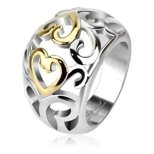 Biżuteria e-shop Stalowy pierścionek z wycinanym ornamentem, złoto-srebrny - rozmiar: 57