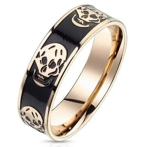 Stalowy pierścionek z wzorem uśmiechniętej czaszki - pasek z czarną emalią, kolor miedziany, 6 mm - rozmiar: 57 Biżuteria e-shop