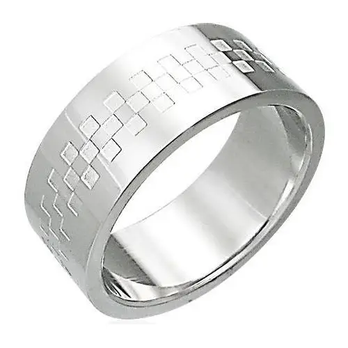 Stalowy pierścionek z wzorem w kształcie szachownicy - Rozmiar: 59, kolor szary