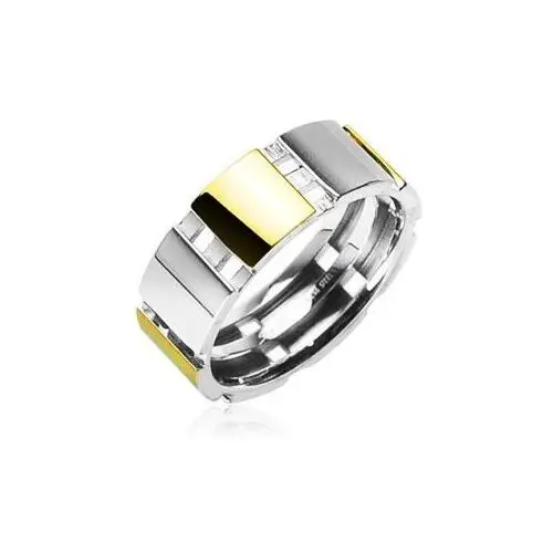 Stalowy pierścionek ze złotymi elementami - Rozmiar: 62, kolor żółty