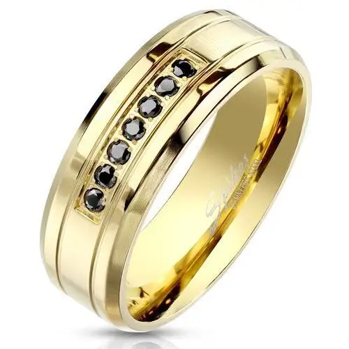 Stalowy pierścionek złotego koloru - czarne cyrkonie, błyszcząca powierzchnia, 8 mm - Rozmiar: 62, kolor czarny