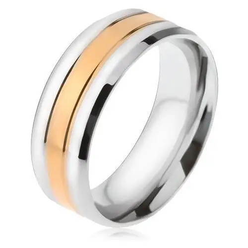 Biżuteria e-shop Stalowy pierścionek, złoty i dwa srebrne pasy, ścięte krawędzie - rozmiar: 69