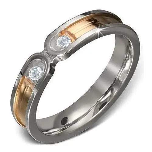 Biżuteria e-shop Stalowy pierścionek - złoty pas ze srebrną obwódką, dwie przeźroczyste cyrkonie - rozmiar: 55