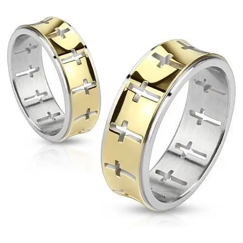 Biżuteria e-shop Stalowy pierścionek - złoty pasek z wyciętymi krzyżami - rozmiar: 59