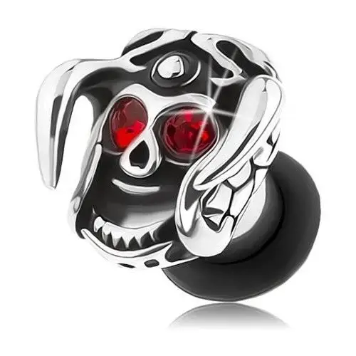 Biżuteria e-shop Stalowy plug do ucha, czaszka z kaskiem i rogami, czerwone cyrkonie, patyna - szerokość: 8 mm