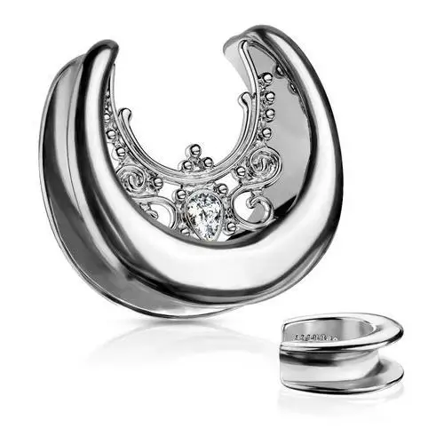 Biżuteria e-shop Stalowy plug do ucha srebrnego koloru - cyrkoniowa łezka, ornamenty - szerokość: 25 mm