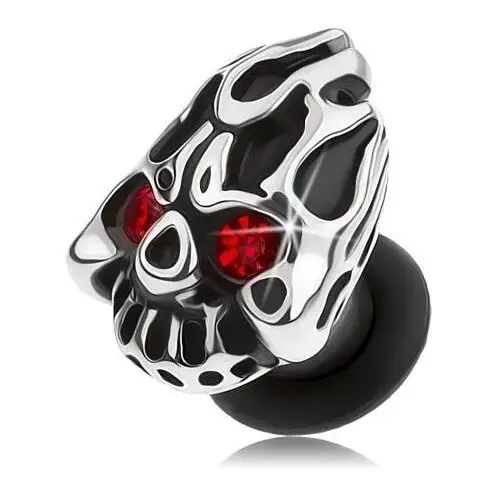 Biżuteria e-shop Stalowy plug do ucha srebrnego koloru, czaszka z płonącą głową, czerwone cyrkonie - szerokość: 6 mm