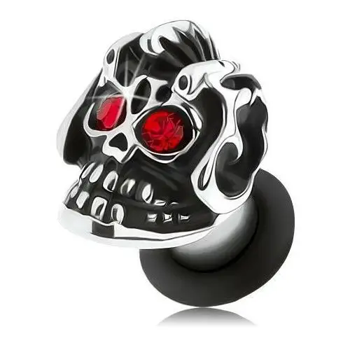 Biżuteria e-shop Stalowy plug do ucha, srebrny odcień, czaszka z hełmem, patyna, czerwone cyrkonie - szerokość: 8 mm