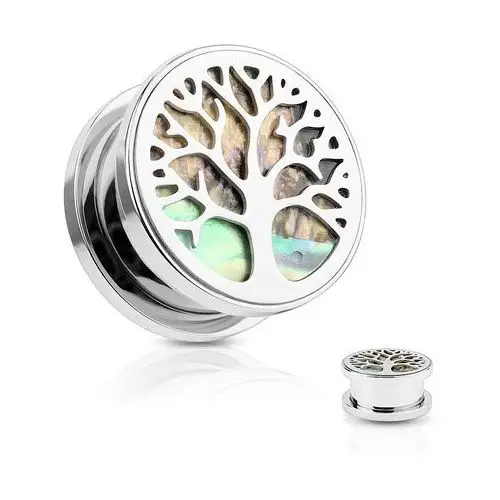 Stalowy tunel do ucha, drzewo życia, krąg z muszli abalone, kolor srebrny - szerokość: 8 mm Biżuteria e-shop