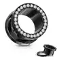 Biżuteria e-shop Stalowy tunel do ucha, przezroczyste cyrkonie w kole, kolor czarny, pvd - szerokość: 2 mm Sklep