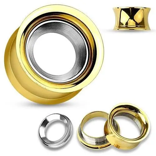 Stalowy tunel do ucha złotego koloru z kołem w srebrnym odcieniu, wysoki połysk - szerokość: 16 mm Biżuteria e-shop