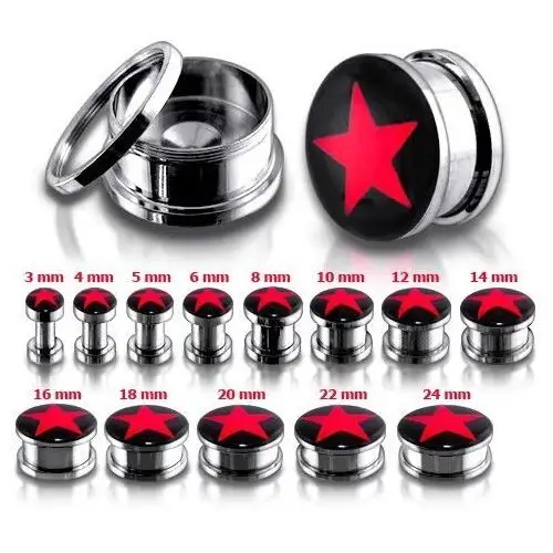Stalowy tunel-plug do ucha, czerwona gwiazda - szerokość: 10 mm Biżuteria e-shop