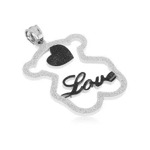 Biżuteria e-shop Stalowy wisiorek - błyszcząca sylwetka misia, czarne serduszko, napis "love"
