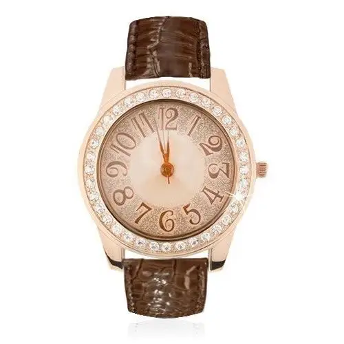Stalowy zegarek w złotoróżowym kolorze - brokat na cyferblacie, brązowy pasek Biżuteria e-shop
