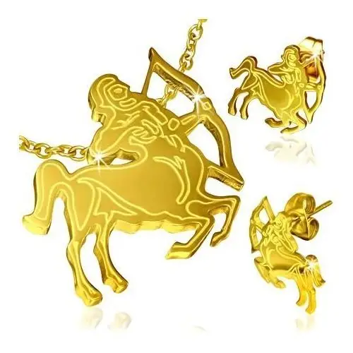 Biżuteria e-shop Stalowy zestaw w złotym kolorze, kolczyki i wisiorek, znak zodiaku strzelec