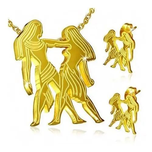 Stalowy zestaw w złotym kolorze, kolczyki i wisiorek, znak Zodiaku Bliźnięta, kolor żółty
