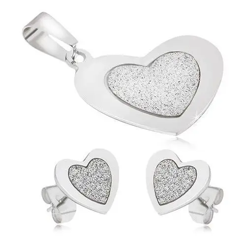 Biżuteria e-shop Stalowy zestaw - wisiorek i kolczyki, symetryczne serca, piaskowany środek