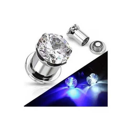 Biżuteria e-shop Świecący stalowy plug do ucha - okrągła przezroczysta cyrkonia - szerokość: 10 mm, kolor: niebieski