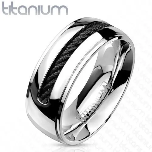 Biżuteria e-shop Szeroki tytanowy pierścionek - obrączka srebrnego koloru, skręcony pasek pośrodku - rozmiar: 62