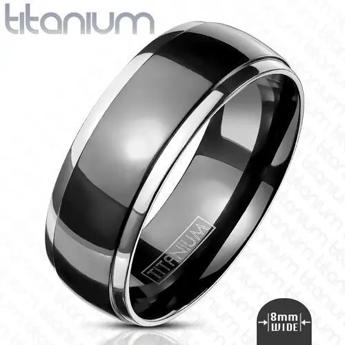 Szerszy tytanowy pierścionek - gładka obrączka z wypukłym czarnym środkiem i srebrnymi krawędziami, 8 mm - rozmiar: 62 Biżuteria e-shop