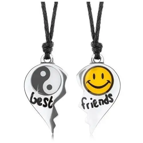 Sznurkowe naszyjniki, podzielone serce, Yin Yang, żółty uśmiech, napis best friends
