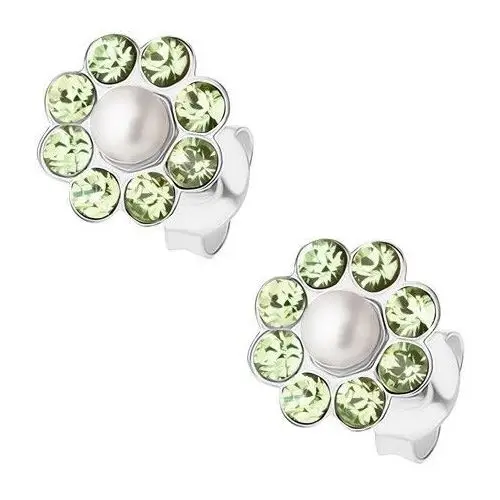 Biżuteria e-shop Sztyfty, srebro 925, błyszczący kwiatek, jasnozielone kryształki, perełka