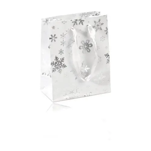 Torebka prezentowa białego koloru - zimowy motyw ze śnieżynkami srebrnego koloru, wstążki Biżuteria e-shop