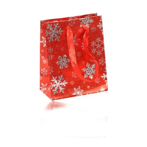 Biżuteria e-shop Torebka prezentowa czerwonego koloru - zimowy motyw ze śnieżynkami srebrnego koloru, wstążki