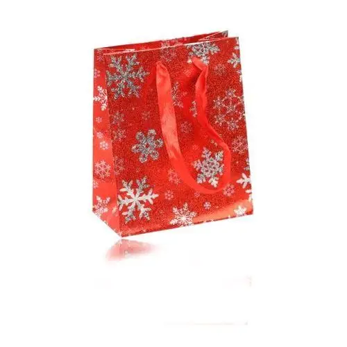 Biżuteria e-shop Torebka prezentowa czerwonego koloru - zimowy motyw ze śnieżynkami srebrnego koloru, wstążki