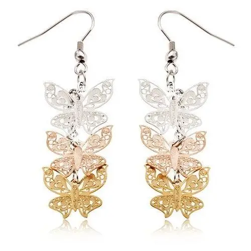 Biżuteria e-shop Trójkolorowe stalowe kolczyki - wiszące, płaskie wycinane motyle