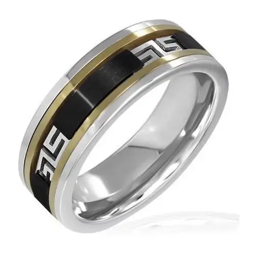 Trójkolorowy pierścionek - czarny pas, grecki wzór - Rozmiar: 65, kolor czarny