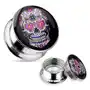 Biżuteria e-shop Tunel plug do ucha ze stali 316l, srebrny kolor, różowo-fioletowa czaszka - szerokość: 14 mm Sklep
