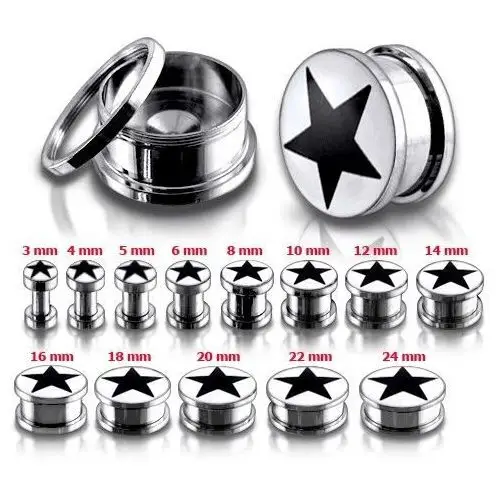 Tunel-plug do ucha ze stali chirurgicznej, czarna gwiazda - szerokość: 12 mm Biżuteria e-shop