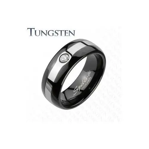 Tungsten czarny pierścionek - srebrny pas, cyrkonia - Rozmiar: 49, B1.3