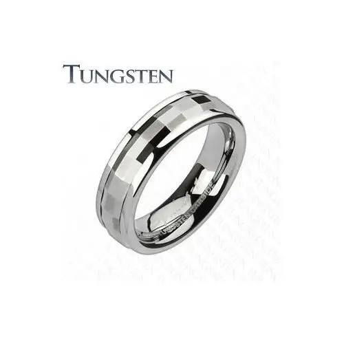 Tungsten obrączka - dekoracyjny środkowy pas z prostokątami - Szerokość: 6 mm, Rozmiar: 62