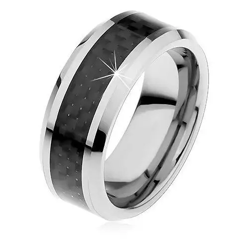 Biżuteria e-shop Tungsten obrączka srebrnego koloru, środkowy pas z czarnych włókien, 8 mm - rozmiar: 61