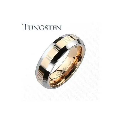 Tungsten obrączka - złotoróżowy pas z numerami rzymskimi - Rozmiar: 62, L8.08